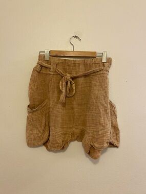 Free People Tan Gauze Drawstring Pocket Shorts